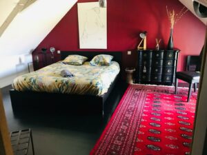 Chambre avec poutre, parquet bambou noir, donnant sur champs et vignes à Coteaux-sur-Loire, entre Langeais et Bourgueil