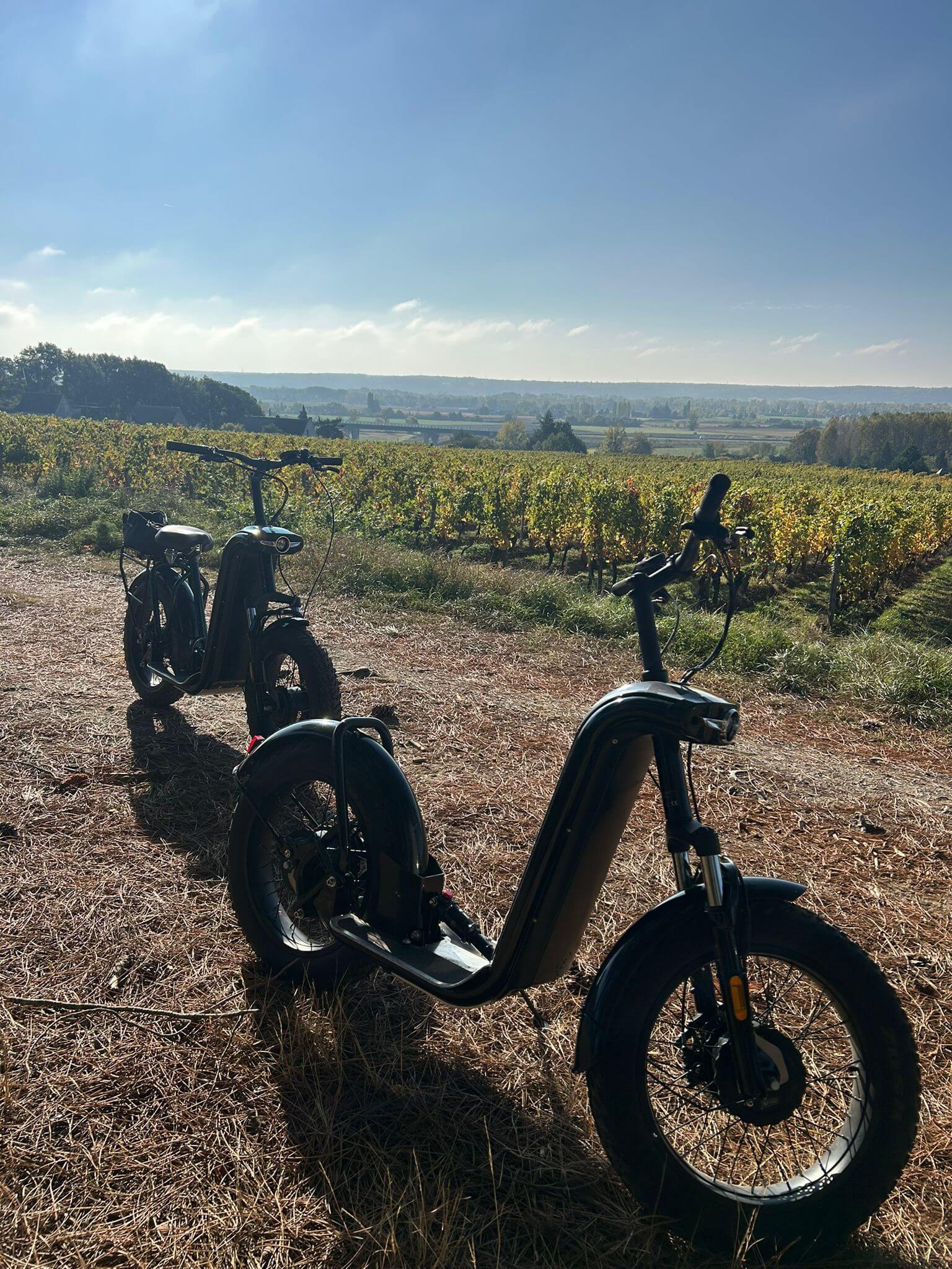 Balade en trottinette tout terrain électrique dans les vignes aux couleurs d'automne